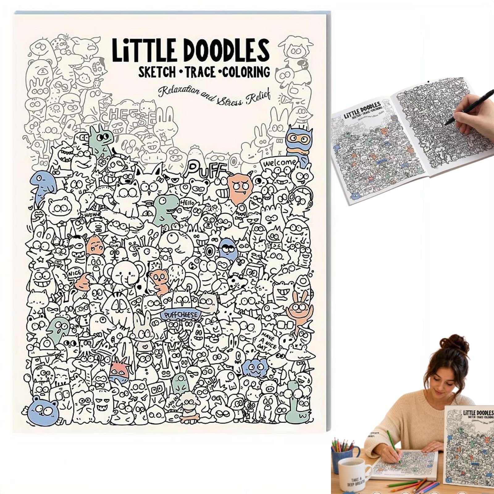 Creative Doodle Art Coloring Book, Trace & Color Line, for Reduce Anxiety