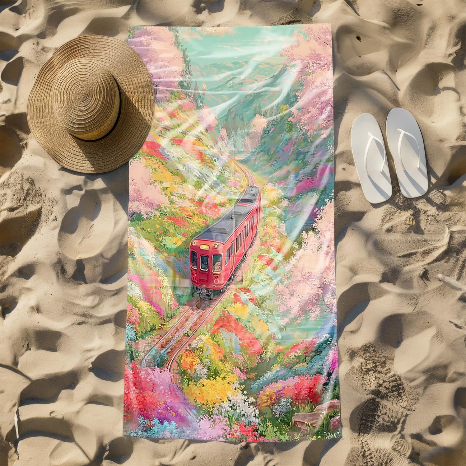 Tapis de Plage XXL Anti Sable Train, Fleurs Roses Serviette Piscine Adulte,Natte De Plage Pliable, Voyage Accessoires De Plage Camping,Serviette de Bain Personnalisée