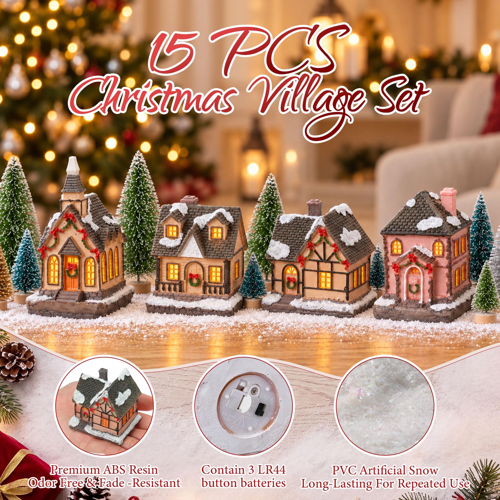 Tuanse Ensemble de village de Noël 15 pièces, 4 maisons LED 10 arbres