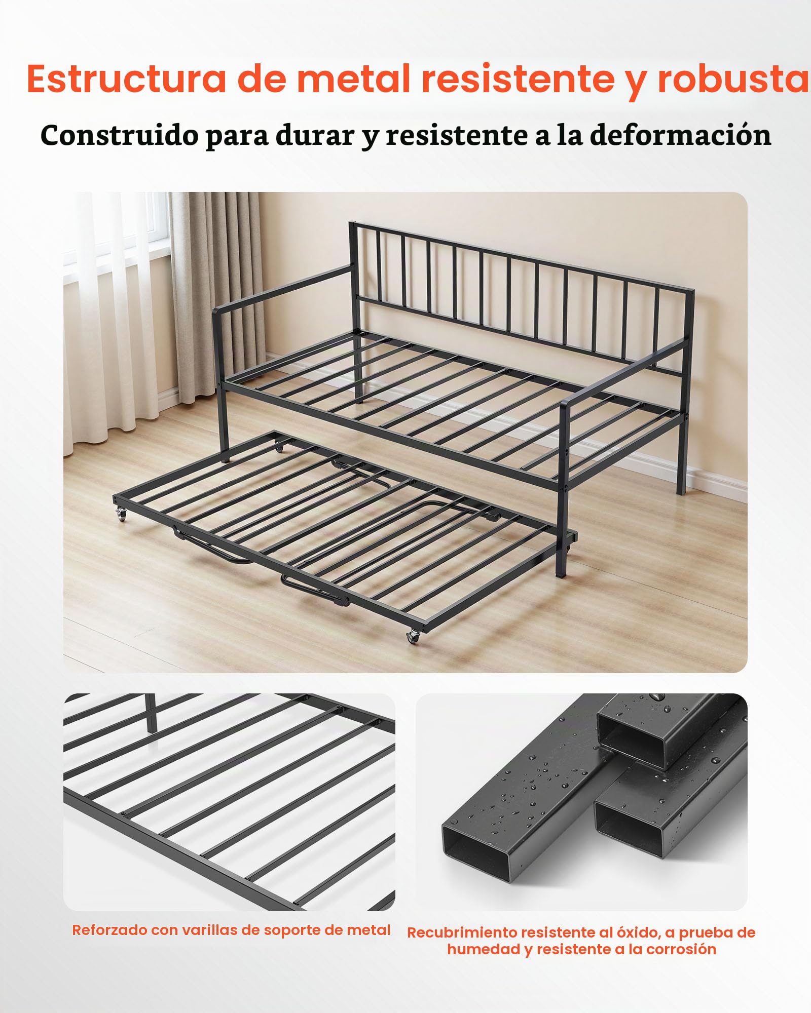 VEVOR Estructura de Sofá Cama de Metal 196x98x96,5 cm Marco de Cama de Día con Estación de Carga LED Carga de 181,44 kg para Apartamento, Sala de Estar, Dormitorio, Habitación de Invitados, Negro