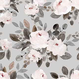Pink Rose Floral Peel and Stick Wallpaper Grey Leaf Contact Paper