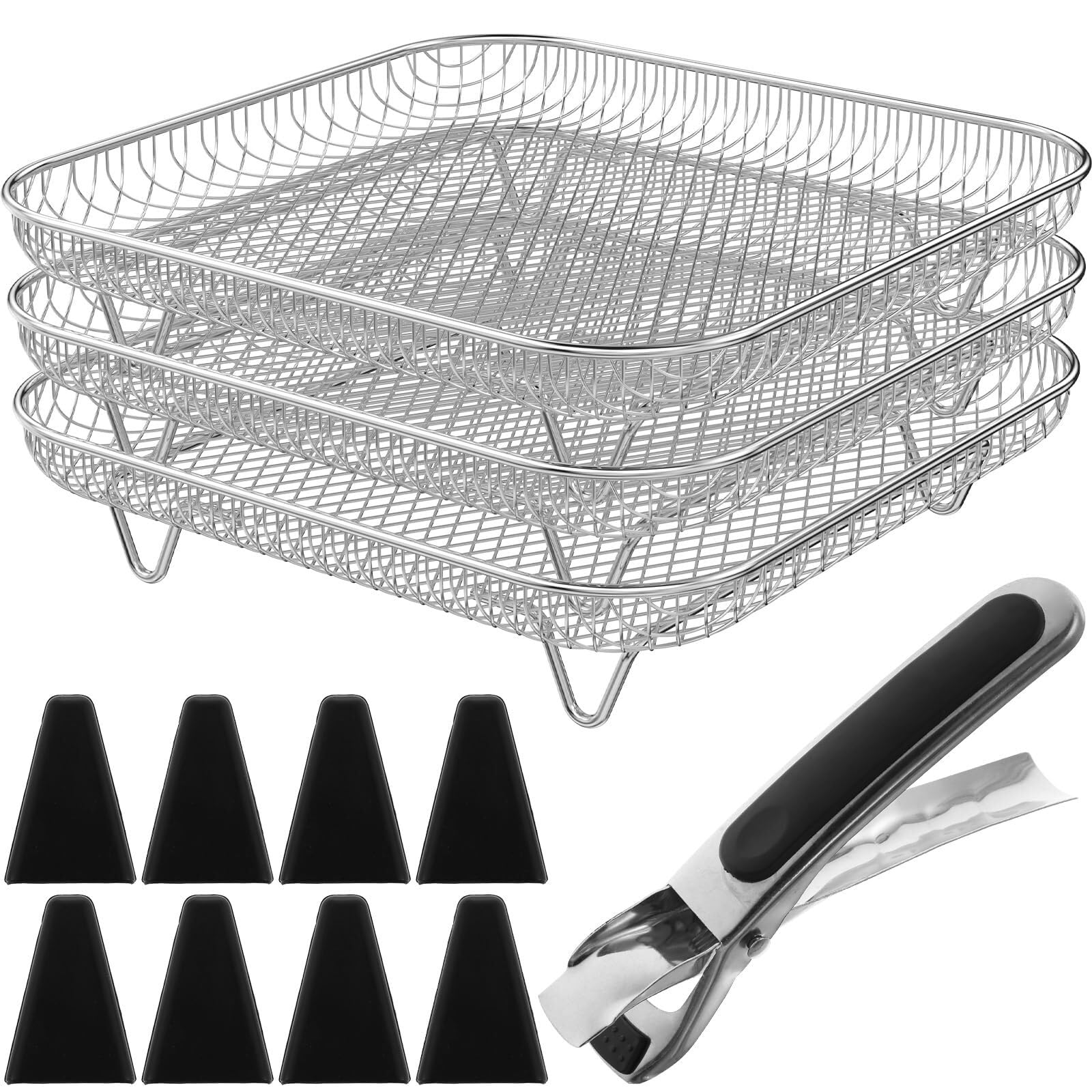 Rejilla for freidora de aire 3 niveles 8 pulgadas, rejilla for parrilla acero inoxidable con patas silicona y clip antiescaldaduras, accesorios cuadrados for 5L-7,5L