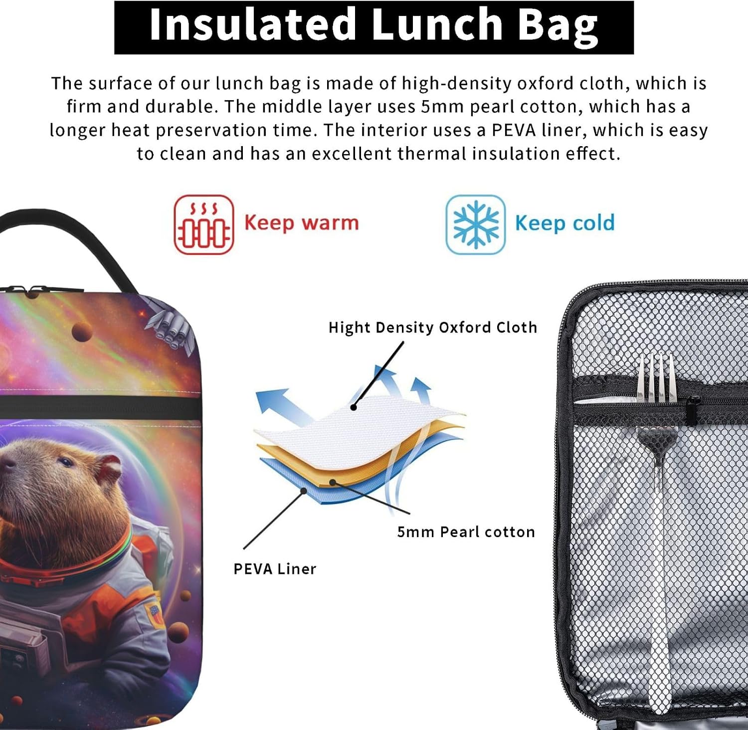Capybara Cosmic Adventure Lunch Box for Women Men, Insulated Lunch Box, Reusable Lunch Bag for Office, Work, Picnic, Travel