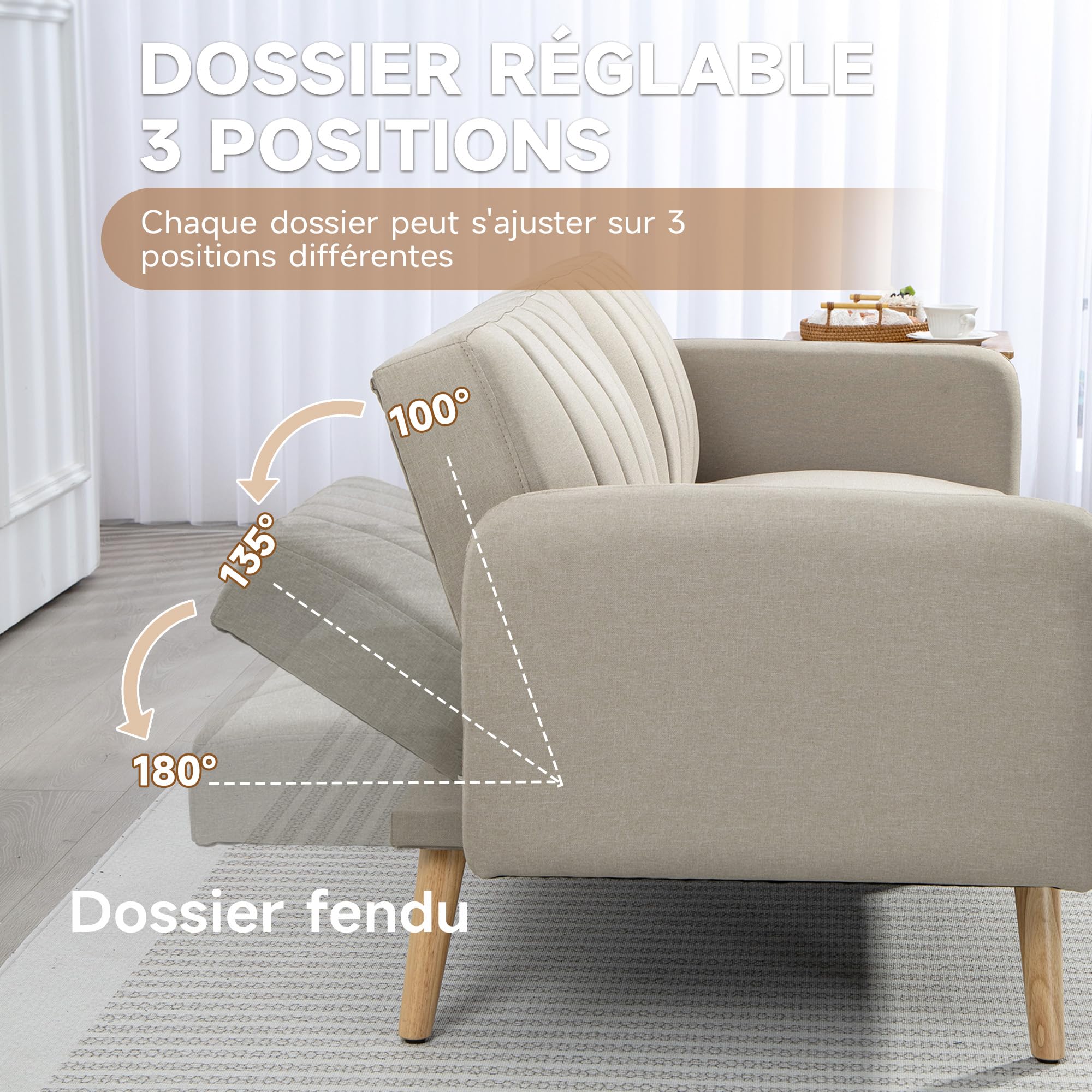HOMCOM Canapé Convertible 2 Places Design scandinave Dossier inclinable 3 Positions Pieds Bois Tissu Aspect Lin Beige