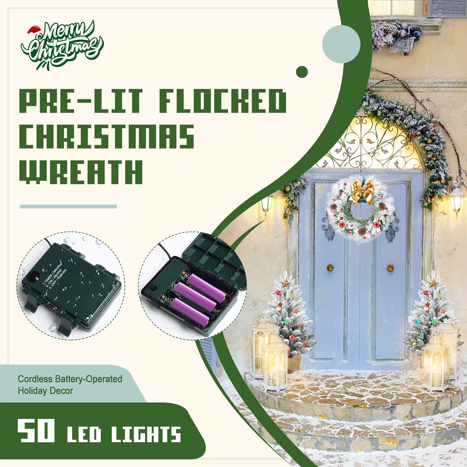 Gfilay Couronne de Noël floquée pré-éclairée, couronne de Noël blanche pour porte d'entrée avec 50 lumières LED, couronne de Noël à piles, couronne de Noël de 50,8 cm