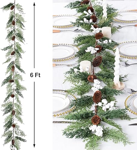 Miniatura 5 de DearHouse Guirnalda de Navidad de pino de 6 pies, guirnalda de vegetación artificial de invierno con ciprés de abeto, bayas blancas, piñas para