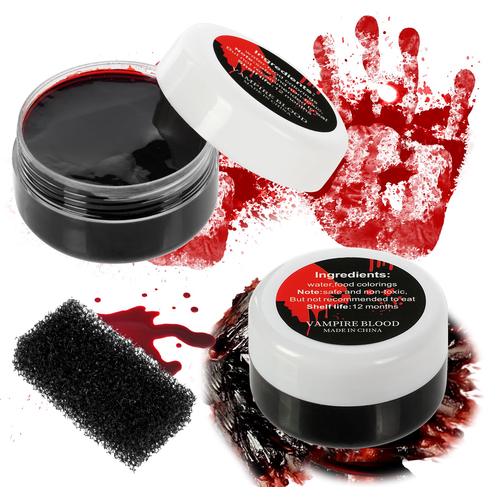 Aomig Halloween Special Effects SFX Makeup Kit, 3 Pcs Vampire Fake Blood Gel with Sponge, Realistic Washable Red Fake Blood, Zombie Vampire Monster Cosplay Mouth Clothes Dress Up