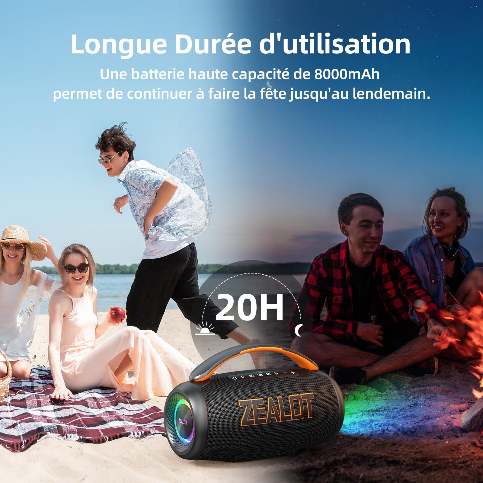 ZEALOT Enceinte Bluetooth Portable 60W sans Fil avec Basses Renforcées, Lumière LED, 20H, IPX6, AUX, TF Carte, Surround Stéréo, Haut Parleur Bluetooth 5.3, pour Fêtes/Voyage/Extérieur/intérieur, Noir