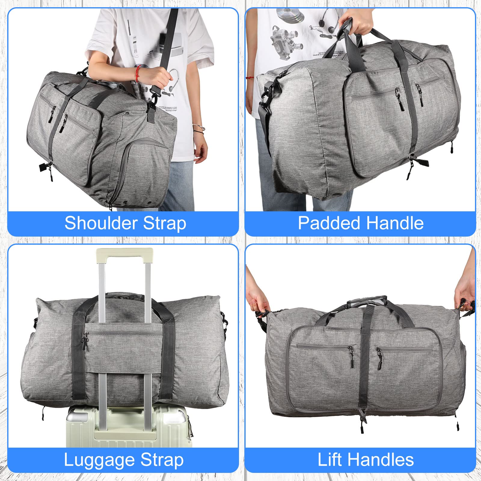 4 bolsas de lona de viaje de 65 l plegables con compartimento para zapatos y correa ajustable, bolsa de gimnasio impermeable, mochila de equipaje durante la noche, mochila de fin de semana 2