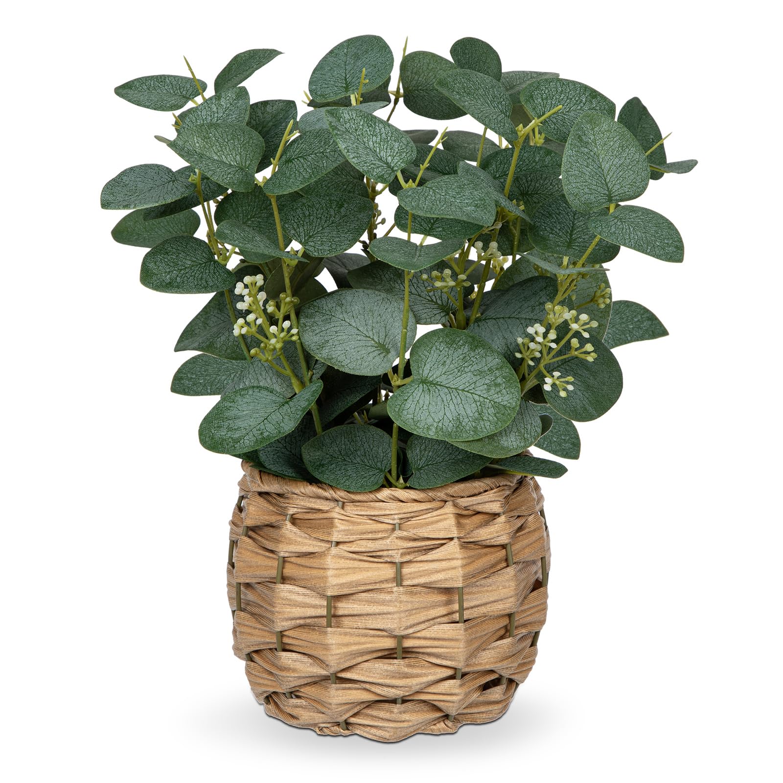 Briful 11" Silk Eucalyptus Fake Plants in Woven Cane Pot, Artificial Eucalyptus Plant in Pot Decorative Artificial Plants Fake Greenery with Seeds for Home Living Room Decor