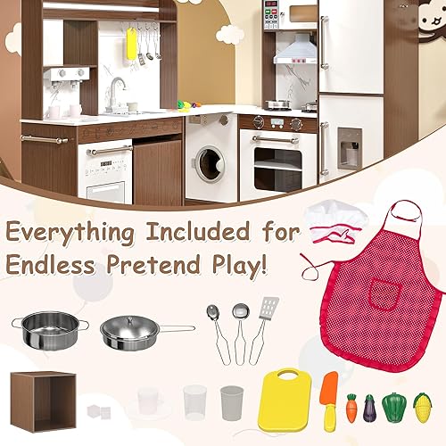 Miniatura 8 de Juego de cocina de esquina de madera para niños, cocina de juego grande con fregadero con agua corriente, estufa con luz y sonido, máquina de hielo