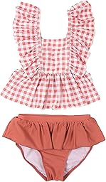 [AMUSA] ギンガム肩フリル水着 キッズ ベビー セパレート 子供 女の子 2点 上下 p52003