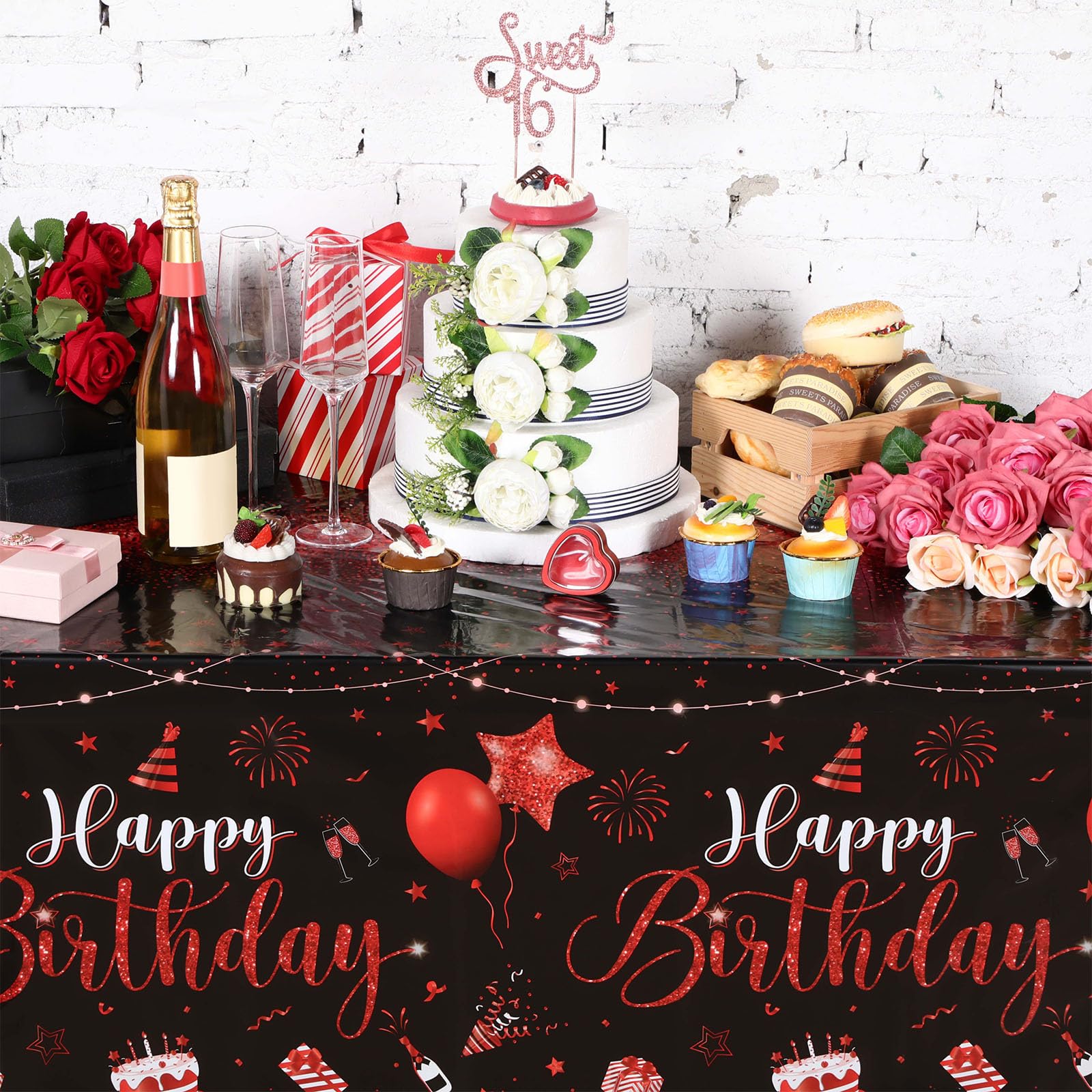Tudomro 6 manteles de Feliz cumpleaños, decoración de Feliz cumpleaños, Mantel Rectangular de plástico para Mujeres y Hombres, Suministros de Fiesta de cumpleaños, 108 x 54 Pulgadas (Negro Rojo)