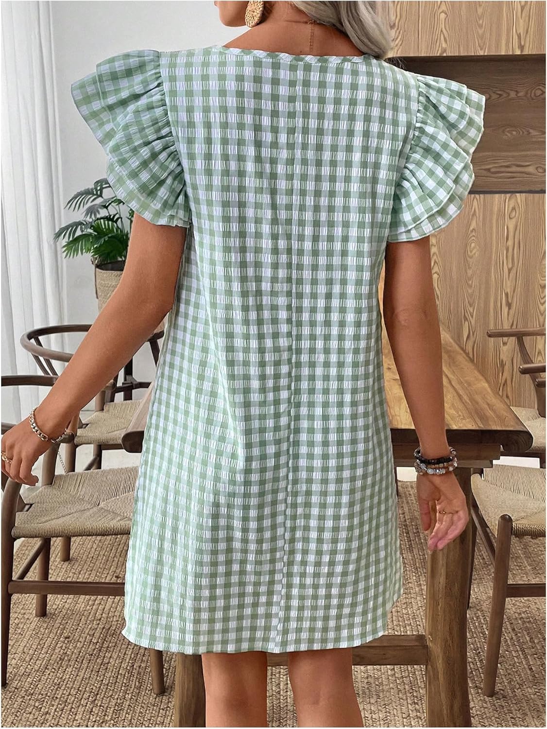 OYOANGLE Women's Gingham Ruffle Cap Sleeve Mini Dress Textured Crew Neck Short Tunic Summer Beach Vacation Dresses - Image 3