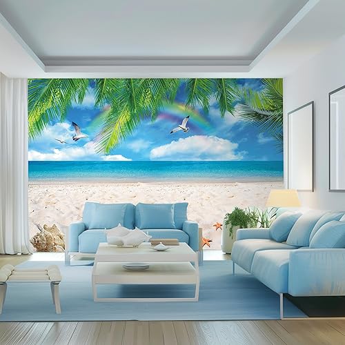 Miniatura 5 de AMUGISH Sunshine Beach - Papel tapiz de gaviota con nubes blancas y cielo azul, mural de pared de árbol de coco para dormitorio, sala de estar (79