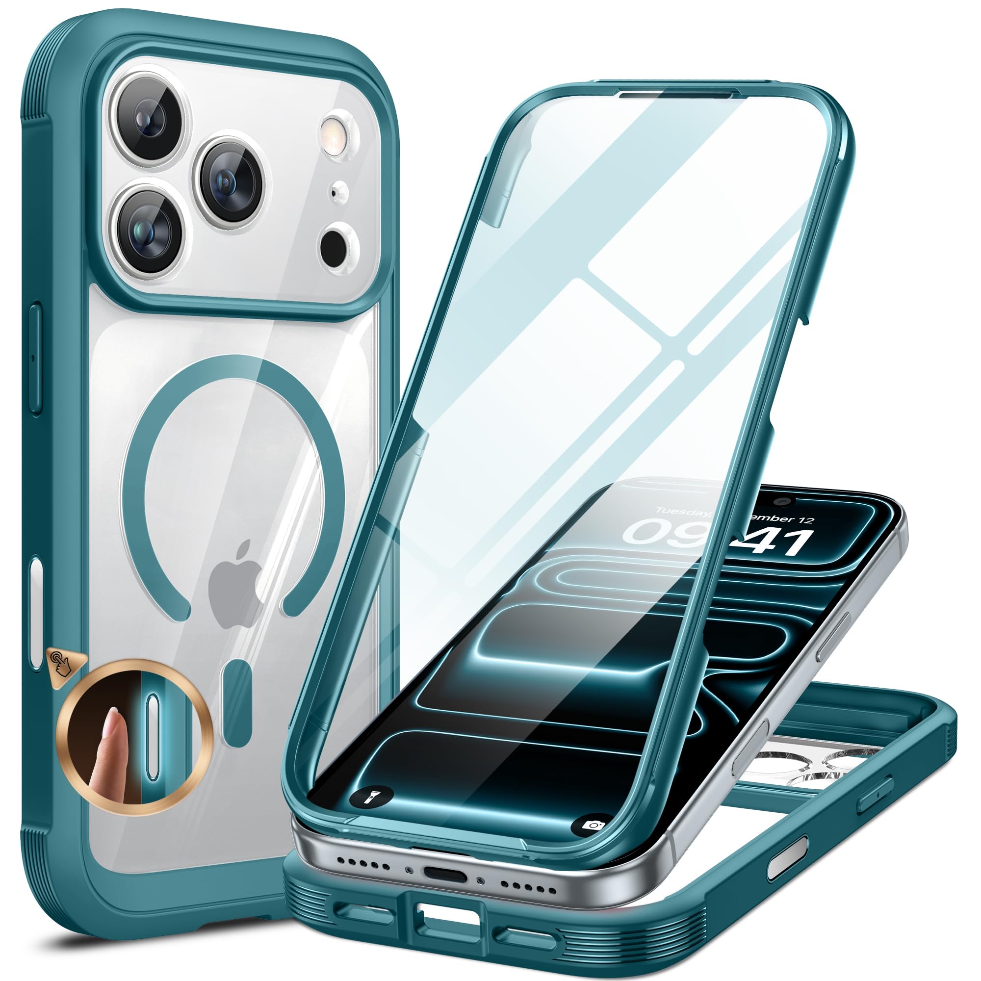 Miracase Magnetic for iPhone 17 Pro Case 6.3" [Compatible with MagSafe] Full-Body Phone Case with Built-in Glass Screen Protector &amp; Camera Control,Drop Proof iPhone 17 Pro Cover, Green
