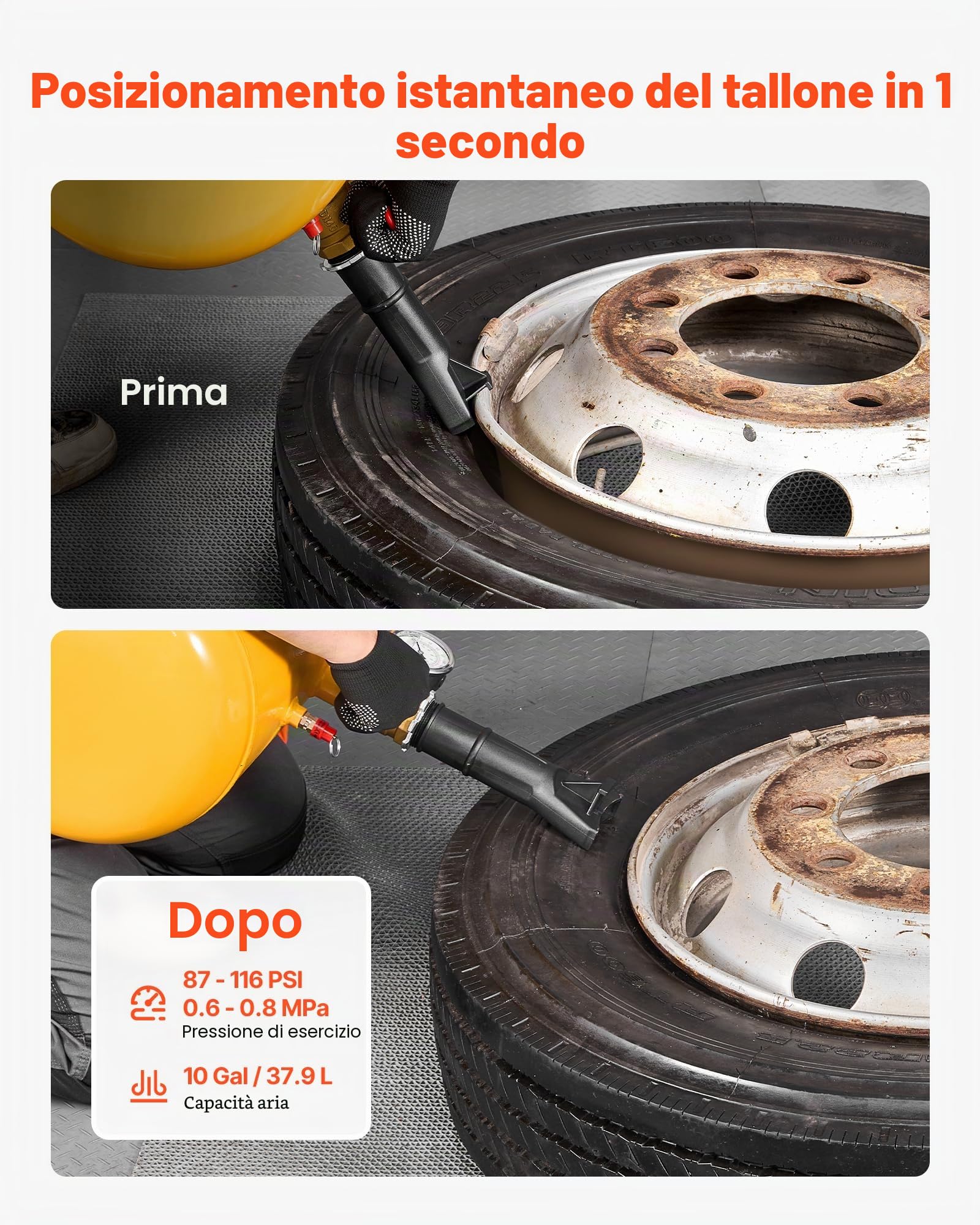 VEVOR Strumento per Rimozione dei Talloni dei Pneumatici per Impieghi Gravosi, Pressione 0,6 a 0,8 MP, 37,9 L, Gonfiatore ad Aria Compressa per ATV, Trattori, Pick-Up, Camion, Jeep, Giallo