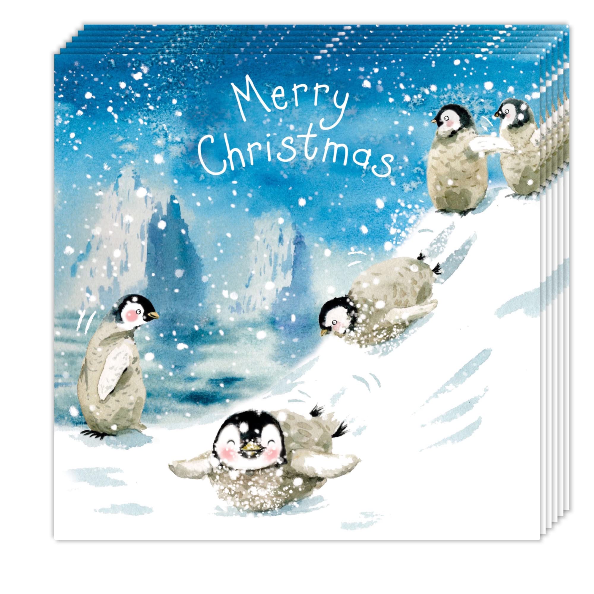 Twizler Merry Christmas Cards Pack of 6, Cute Playing Penguins Design, Cute Christmas Cards Multipack