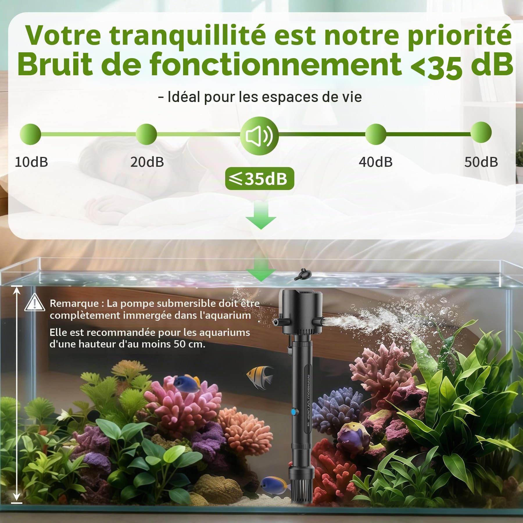 OMECO Filtre intérieur 5 en 1 pour aquarium avec stérilisateur U-V de 6 W et minuterie, 500 L/h UVC pour aquariums de 60 L à 150 L, pompe d'aquarium avec ventilation et douche de pluie