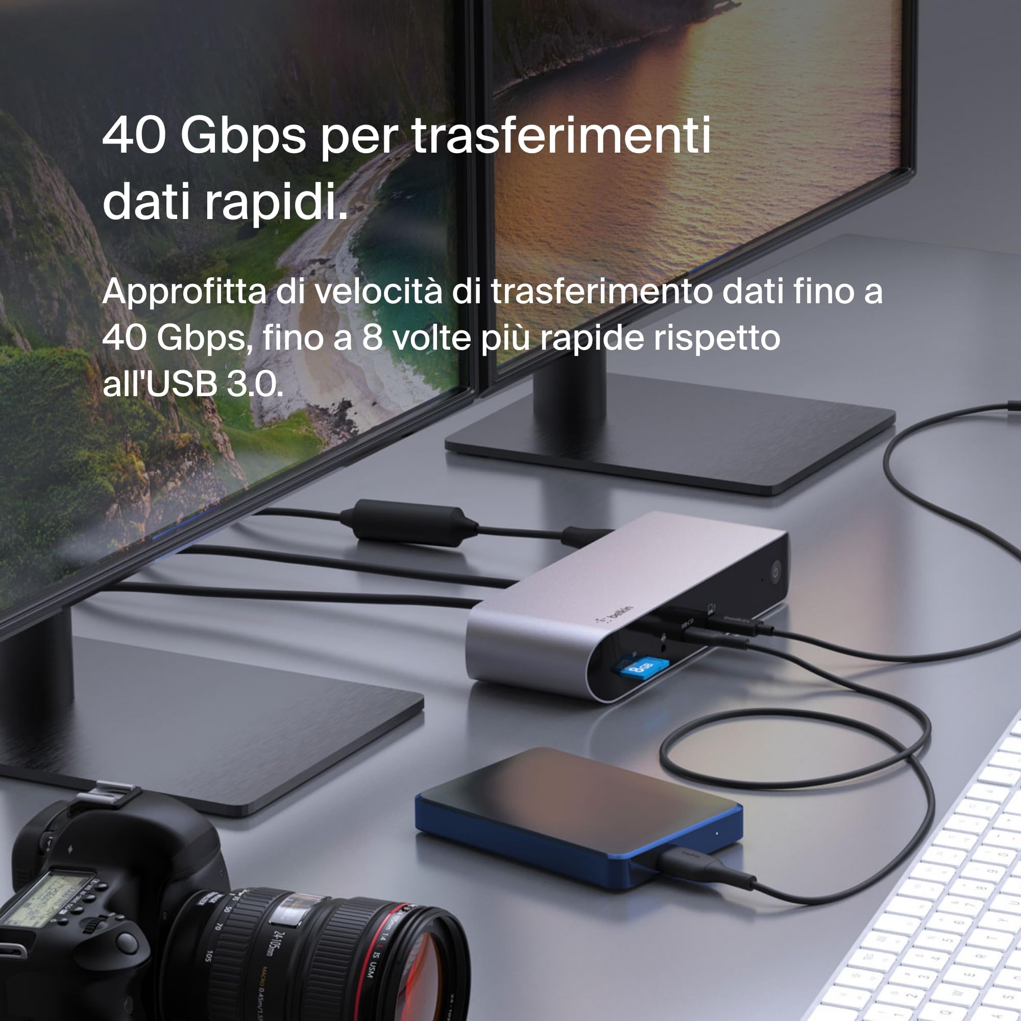 Belkin Dock Thunderbolt 4 Pro, supporto di 1 monitor 8K a 60 Hz, 2 monitor 4K, 2 porte Thunderbolt 4, 2 porte HDMI, USB-C PD da 90 W, ingresso/uscita audio, compatibile con MacBook Pro, XPS e altri