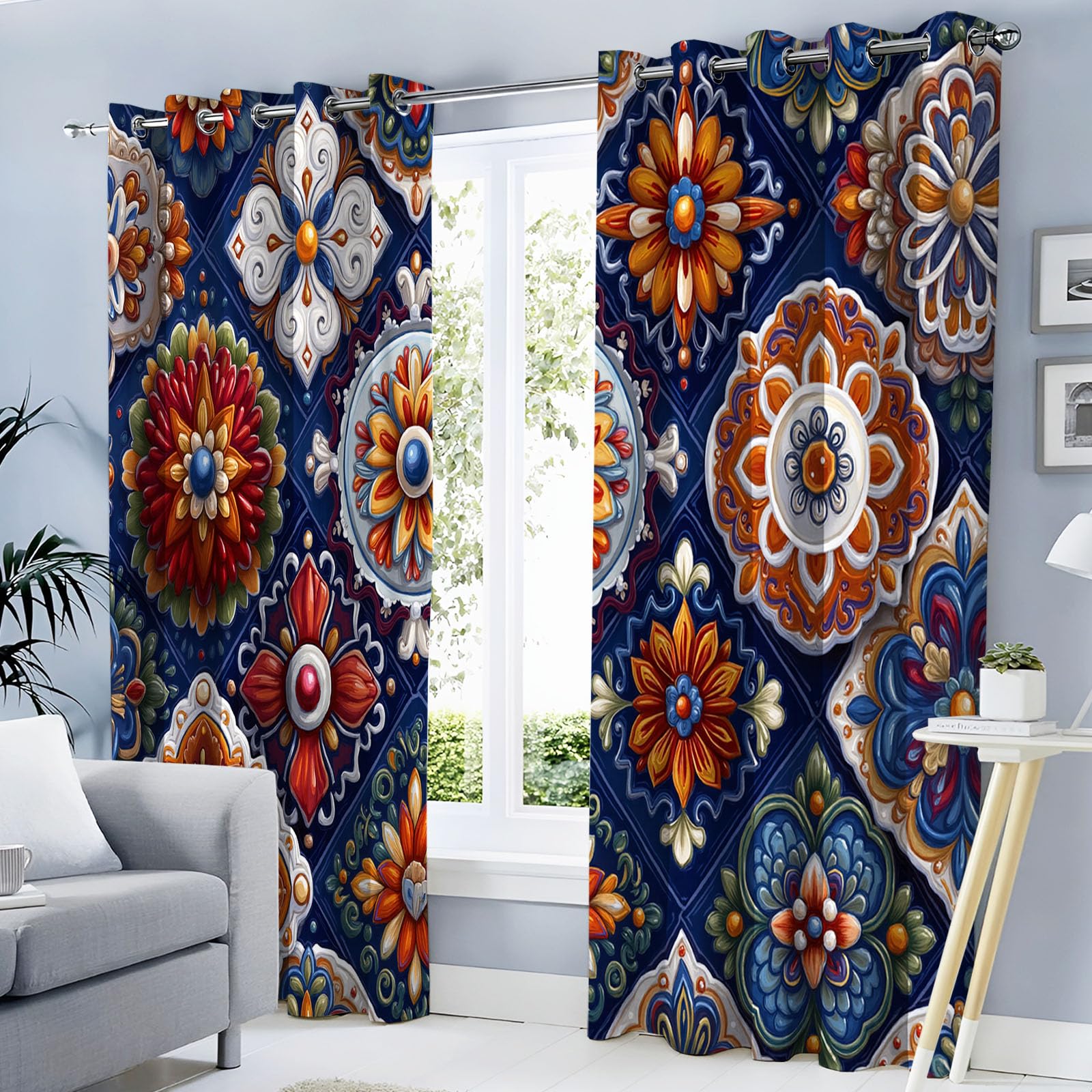 Rideau Fleur Bleu-Brun au motif mexicain imprimé 3D, double drapé isolant et occultant