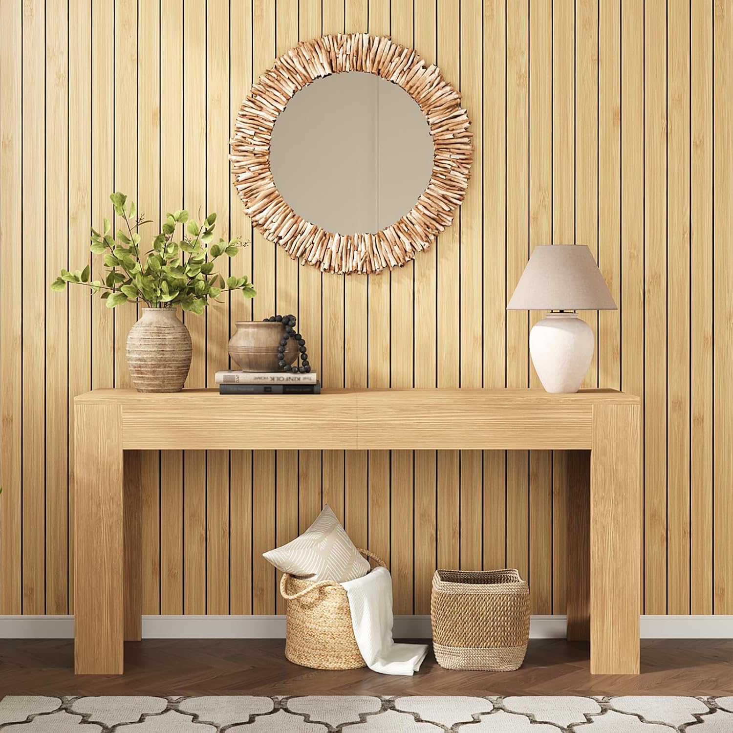 VEELIKE Natural Bamboo Slat Wall Panels Peel and Stick 3D Textured Wood Grain Wall Panels 17''x118'' Self Adhesive Decorative Acoustic Slat Foam Roll for Bedroom Living Room Home Office Accent Walls