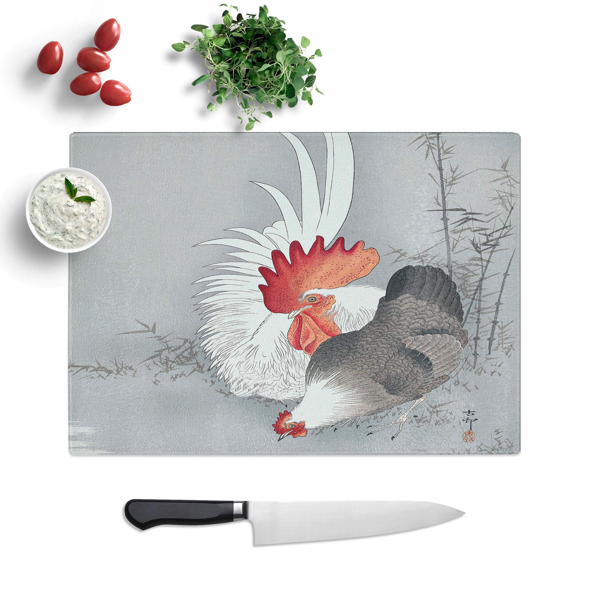 Glass Chopping Board - Rooster and Chicken by Ohara Koson - Textured Worktop Saver Cutting Board - Heat Resistant, Shatterproof and Hygenic - 28.5 x 20 cm