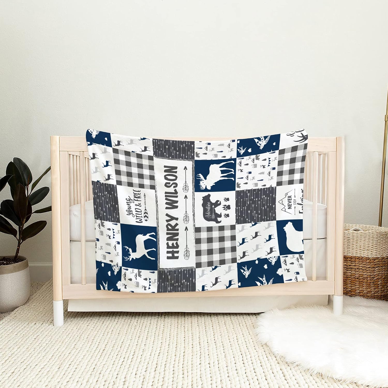 Personalized Wilderness Adventure Baby Blanket, Custom Name Cozy Fleece, Black and White Moose Bear Nursery, Buffalo Check Mountain Explorer Throw