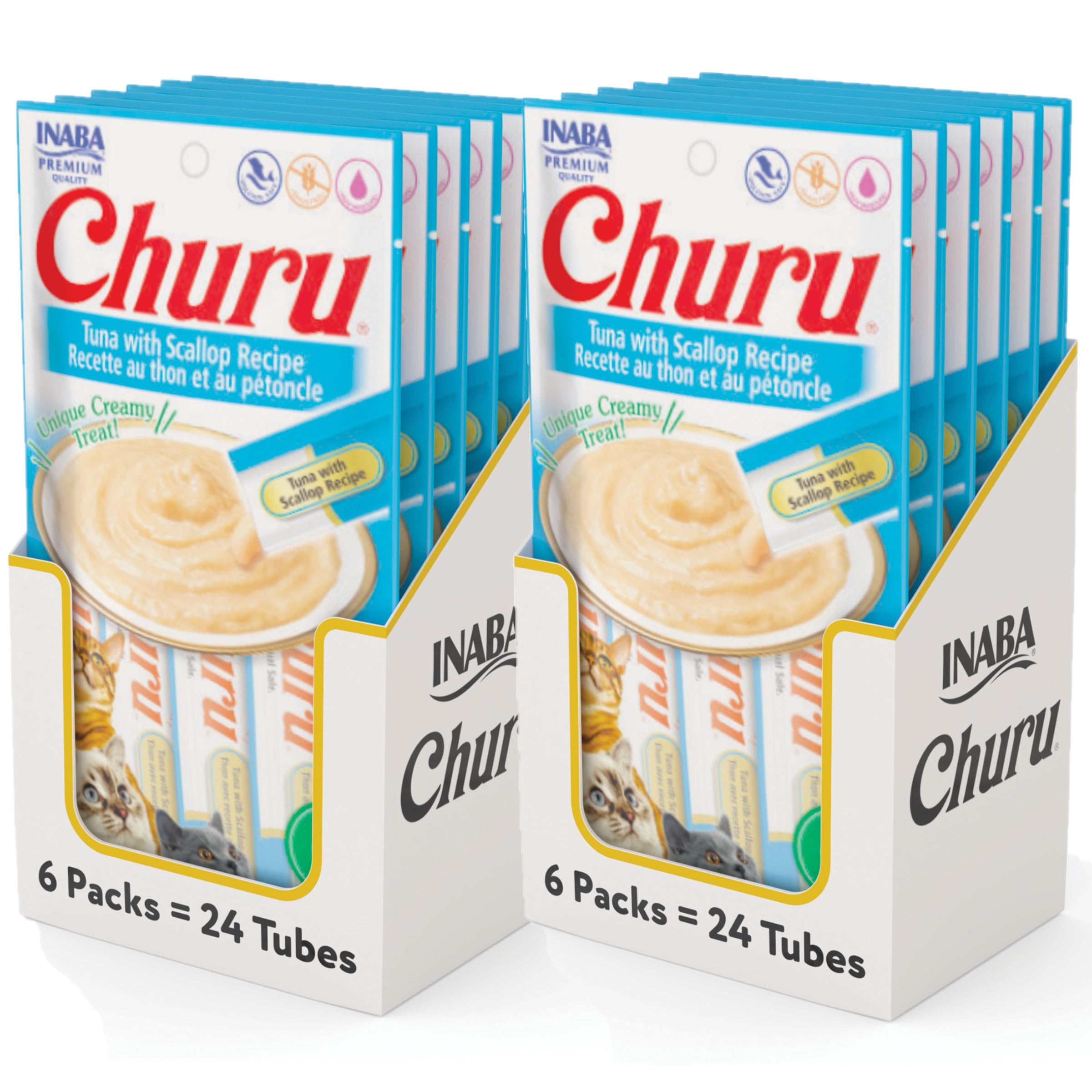 INABA Churu Cat Treats, Grain-Free, Lickable, Squeezable Creamy Purée Cat Treat/Topper with Vitamin E &amp; Taurine, 0.5 Ounces Each Tube, 48 Tubes (4 per Pack), Tuna with Scallop Recipe