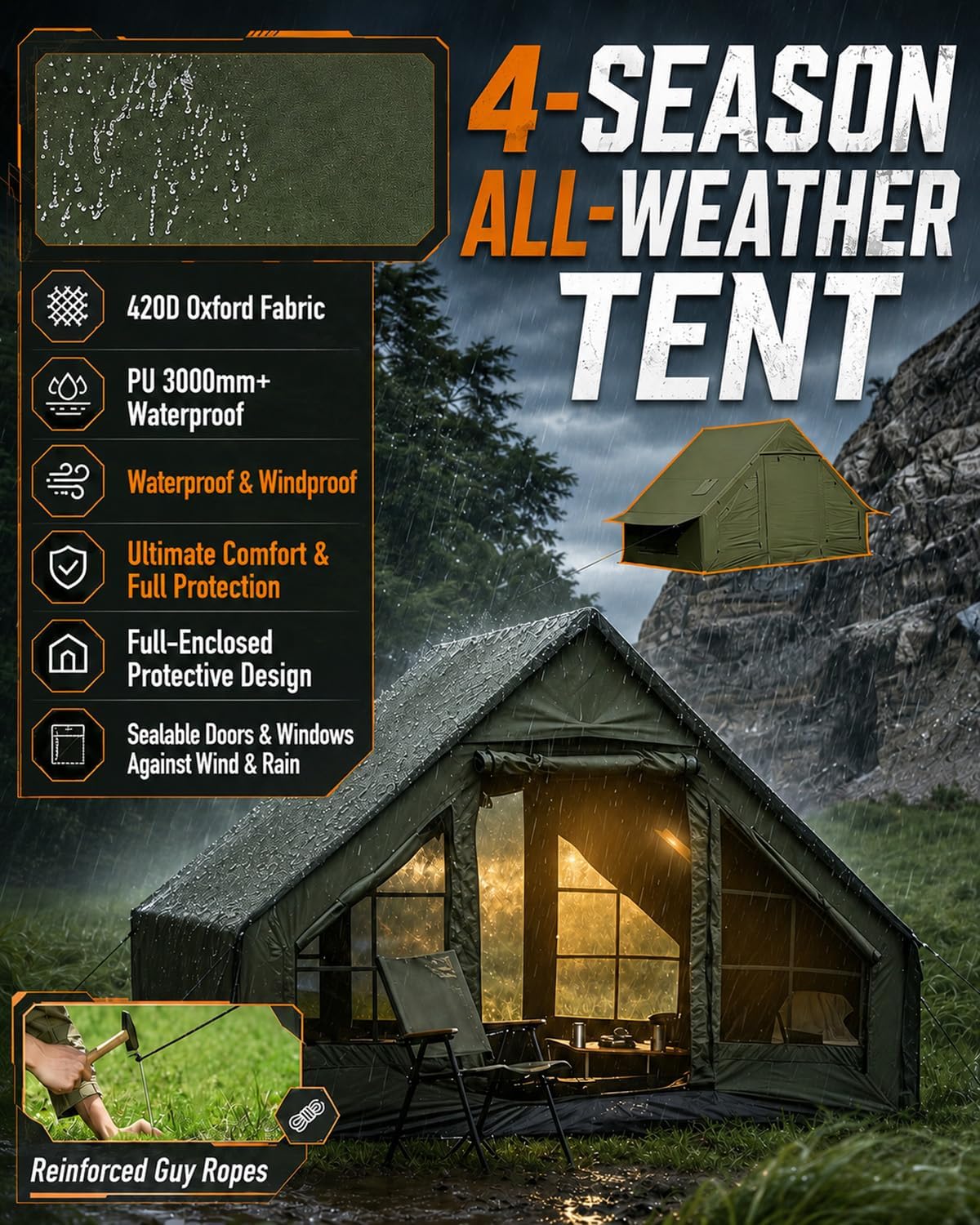 Inflatable Tent with Skylight, Fast Setup Blow Up Air Camping Tents with Pump, Hot Tent with Stove Jack, Waterproof 420D Oxford Inflate House for 4-6 Person, Air Cabin Camp Tents for Outdoor 4 Seasons