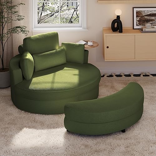 Miniatura 17 de Yoglad Silla redonda giratoria de gran tamaño, sillas de 360 grados con bandeja otomana para reposabrazos ideal para sala de estar, dormitorio (pana