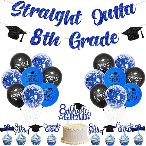 Blue Black 8th Graduation Decoration for Grade Party Supplies with Printed Ballo