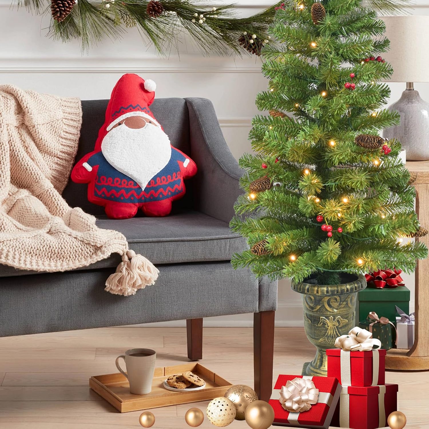 4FT Artificial Potted Christmas Tree with Lights, Pre-lit Mini Christmas Tree with 50 LED Lights, Small Fake Spruce Tree with 140 Branch Tips, Pine Cones&Red Berries, Battery Operated - Image 10