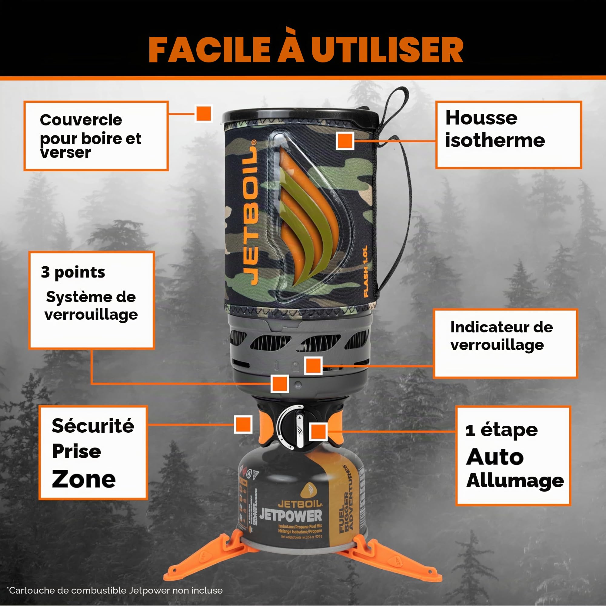 Jetboil Flash Réchaud portable 1 L à ébullition rapide pour camping randonnée avec allumage automatique en 1 étape, brûleur propane/isobutane avec tasse de cuisson, camouflage foncé