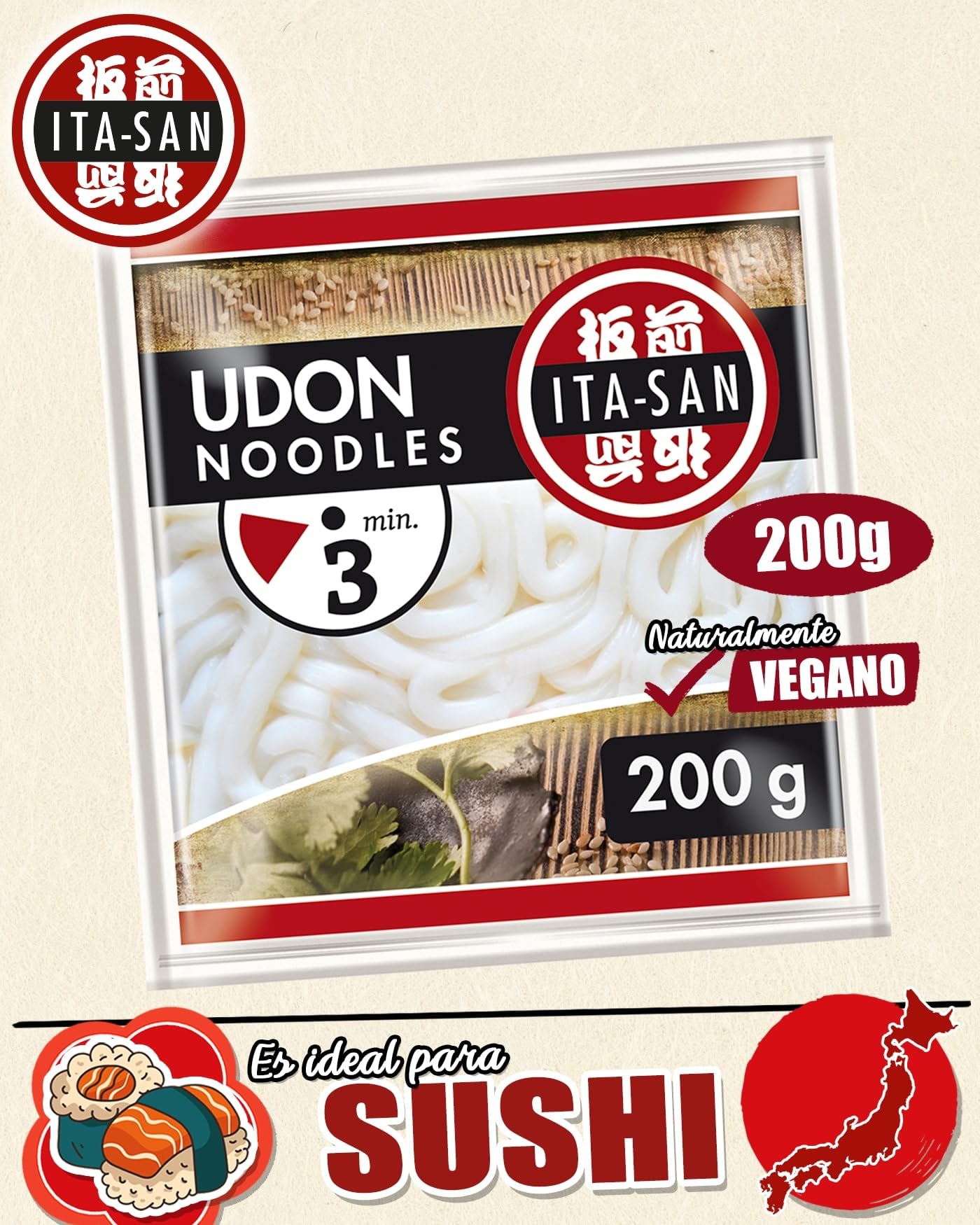 ITA-SAN Fideos Udon cocidos vegetariano 30 x 200 g