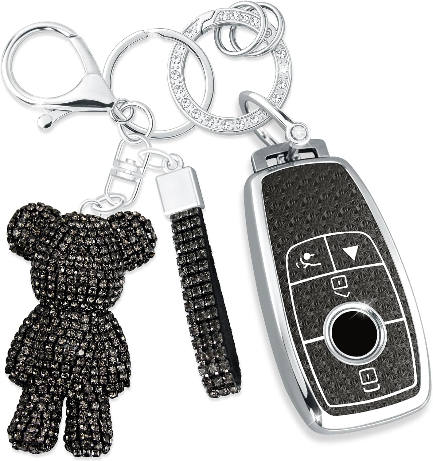 Cute Key Fob Cover with Rhinestone Bear Charm, Bling TPU Smart Key Case for Women, Compatible with Benz A C E S G GLA GLC GLE GLS CLA CLS GT (4-Button, Black-Silver)