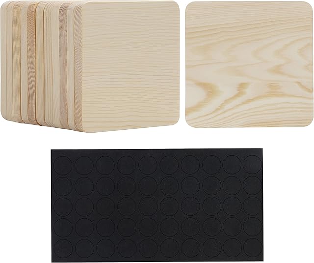 Belle Vous Unfinished Wood Square Coasters (12 Pack) - L9.3 x W9.3cm / 3.66 x 3.66 Inches - Blank Natural Wooden Squares with Non-Slip Foam Dots - DIY Tiles for Painting, Pyrography & Scrabble Letters