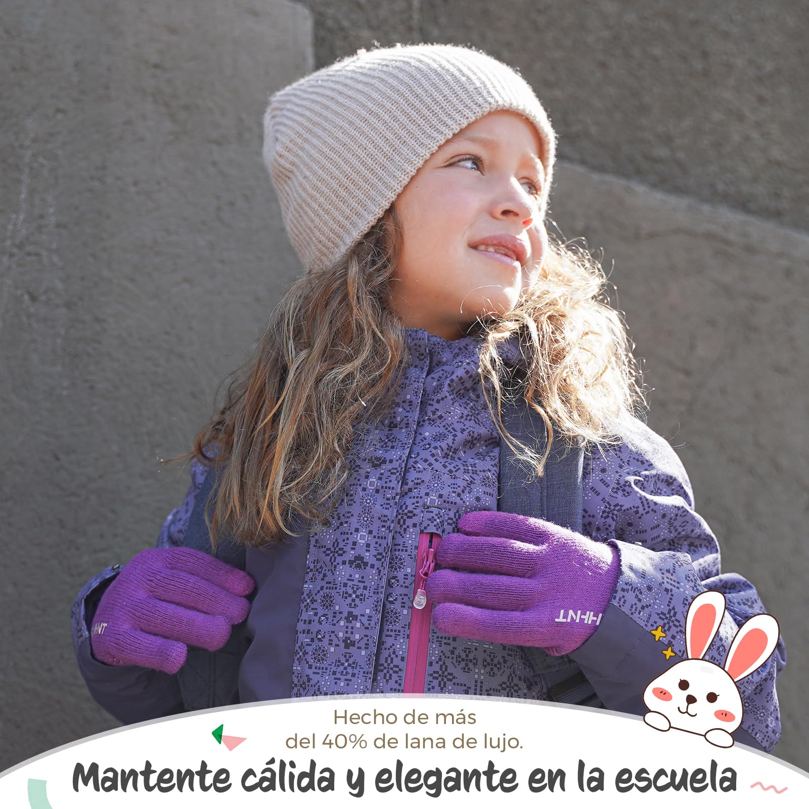 Rahhint Guantes Lana Invierno Termicos para Niños y Niñas 4-15 Años con Punto Pequeños Forro Polar Aislado