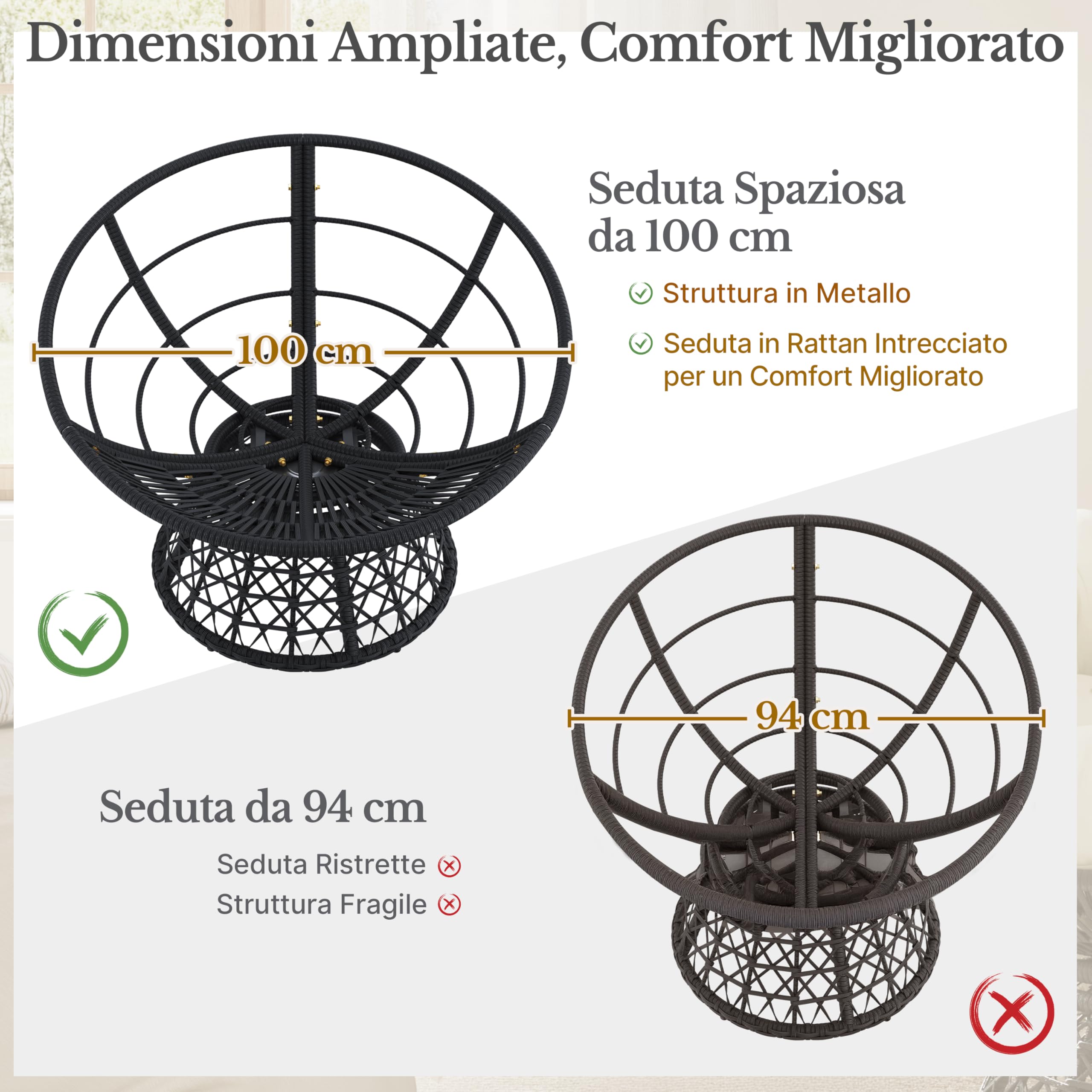 Yaheetech Poltrona da Giardino Girevole 360° Rattan Sedia a Dondolo Rotonda Papasan Cuscino Diametro 120 cm Nero Grigio