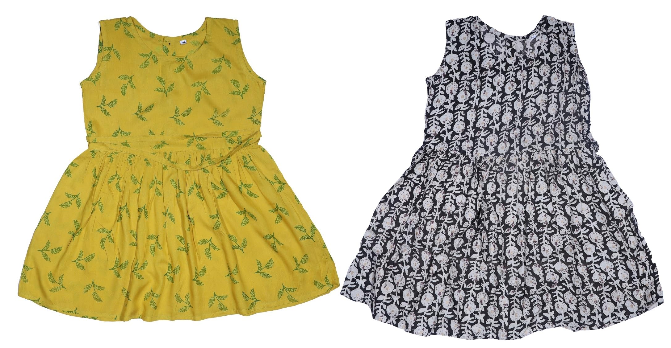 GenericVK Sales Sleeveless Round Neck Printed Yellow & Grey Umbrella Frock Dress for Kids Girls Combo of 2 (6-12 Months)