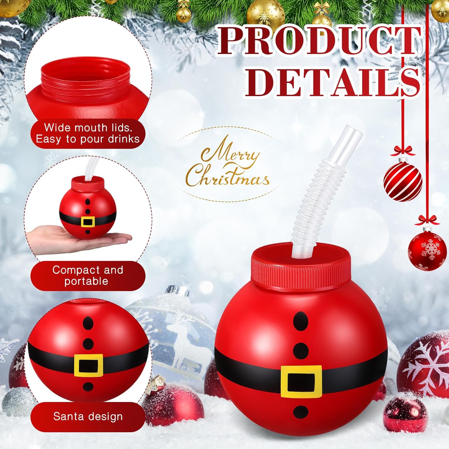 Sliner 12 Pcs Christmas Santa Bulb Cups with Lid and Straw 12 oz Reusable Plastic Ball Cups Refillable Santa Claus Christmas Tumblers for Gift Holiday Party Decorations