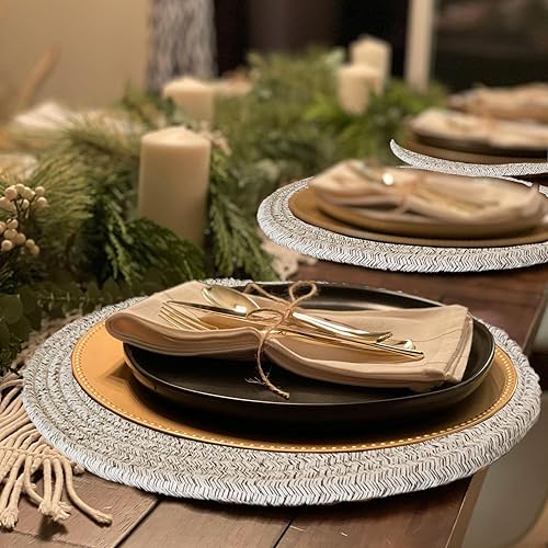 Miniatura 8 de Juego de 6 manteles individuales redondos de 13 pulgadas, manteles individuales tejidos con cuerda de algodón, bohemios, rústicos, antideslizantes,