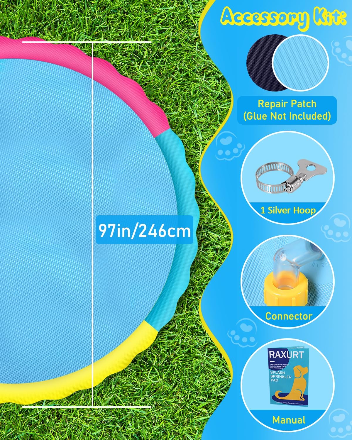 Raxurt Splash Pad, 97 Inch Splash Sprinkler Pad for Kids Dogs Thickened Durable Dog Pool Bath Pool Pet Summer Outdoor Water Toys, Colorful