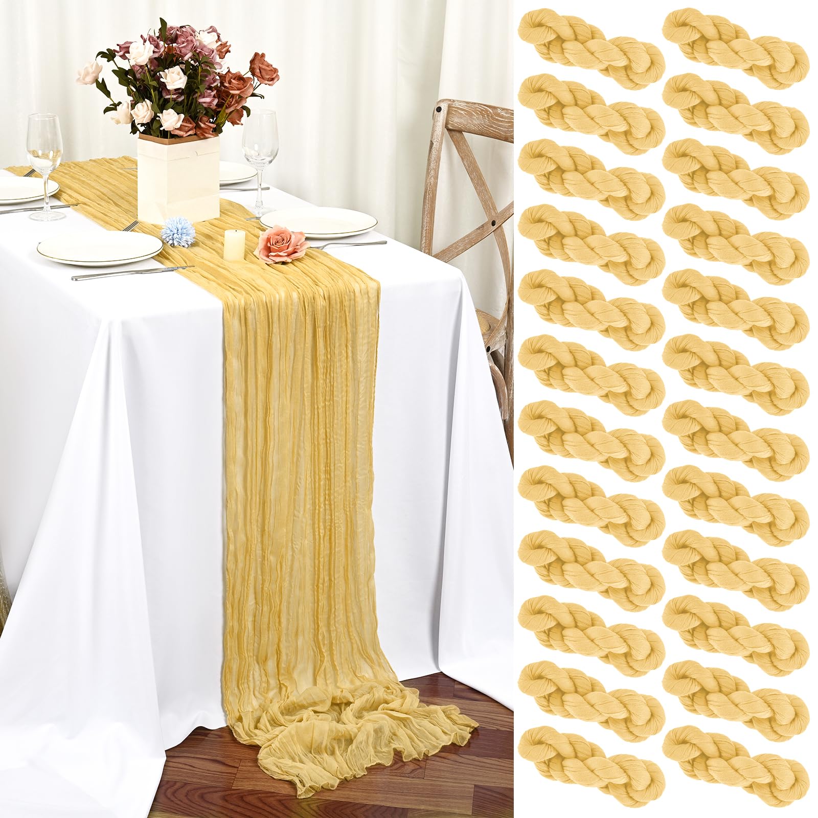 Teruntrue 24 Pack Gold Cheesecloth Table Runner 45x275 cm Boho Gauze Cheese Cloth Table Runner for Wedding Party Baby Bridal Shower Birthday Decorations