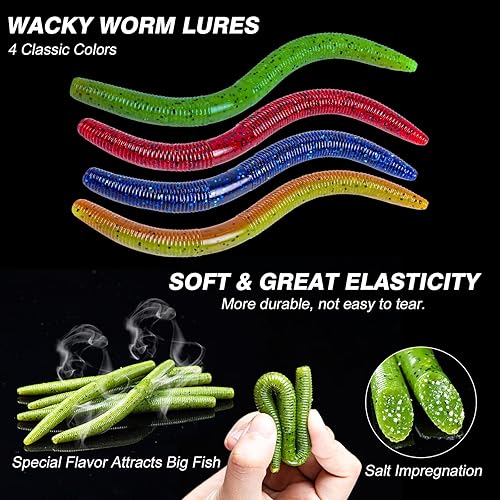Miniatura 9 de Goture Wacky - Kit de señuelos de pesca con gusanos, kit de herramientas de pesca con lubina, kit de herramientas con señuelos de plástico suave,