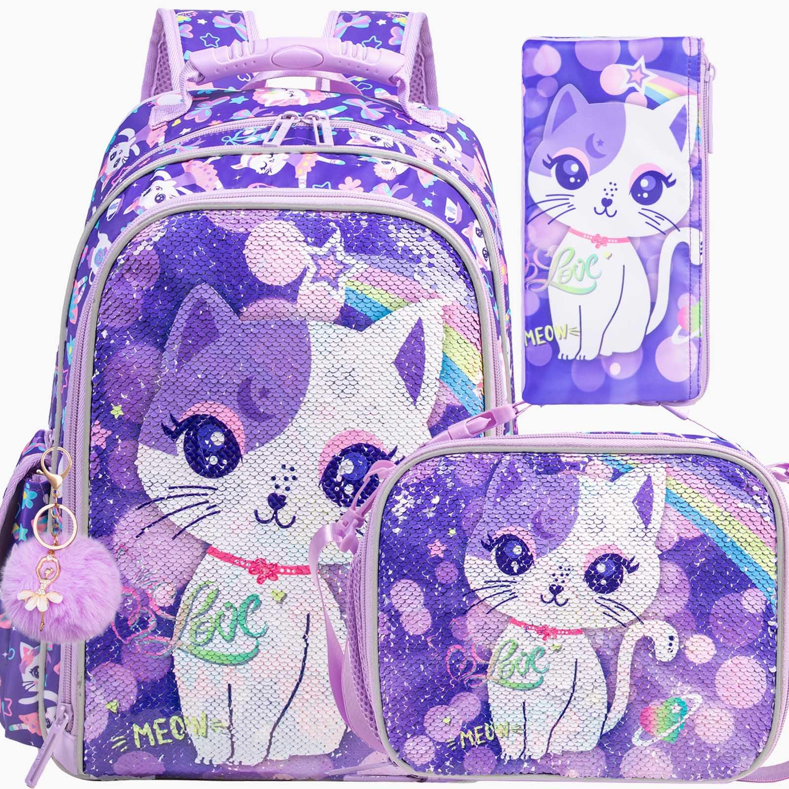 KLFVB3PCS Cat Uni Dinosaur Backpack for Girls and Boys, 16" Kids Bookbag and Lunch Box, Preschool Backpacks for Elementary