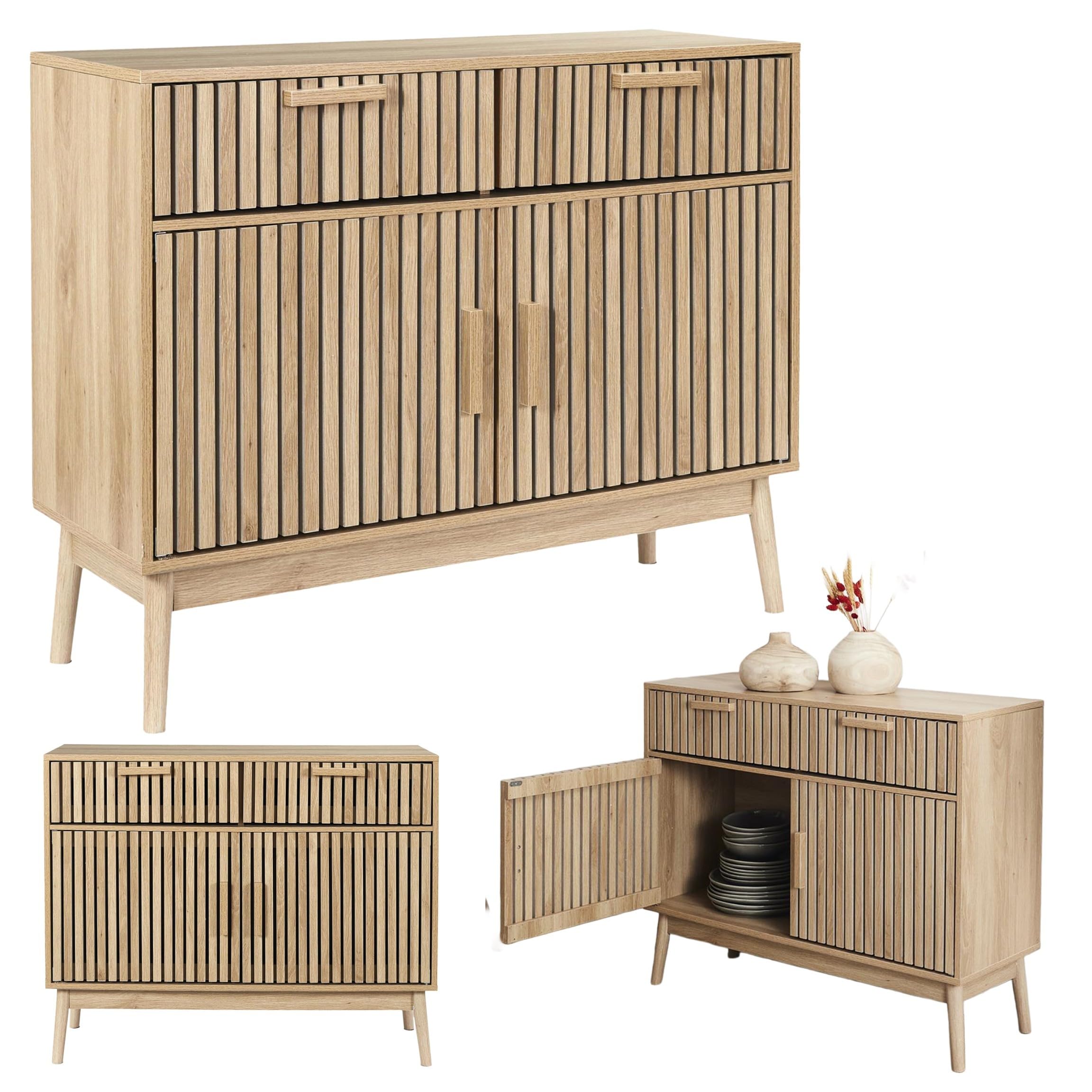 Commode Linea couleur chêne – Buffet avec 2 tiroirs et 2 portes, façades modernes avec fraisage vertical, meuble pour salon, salle à manger, couloir