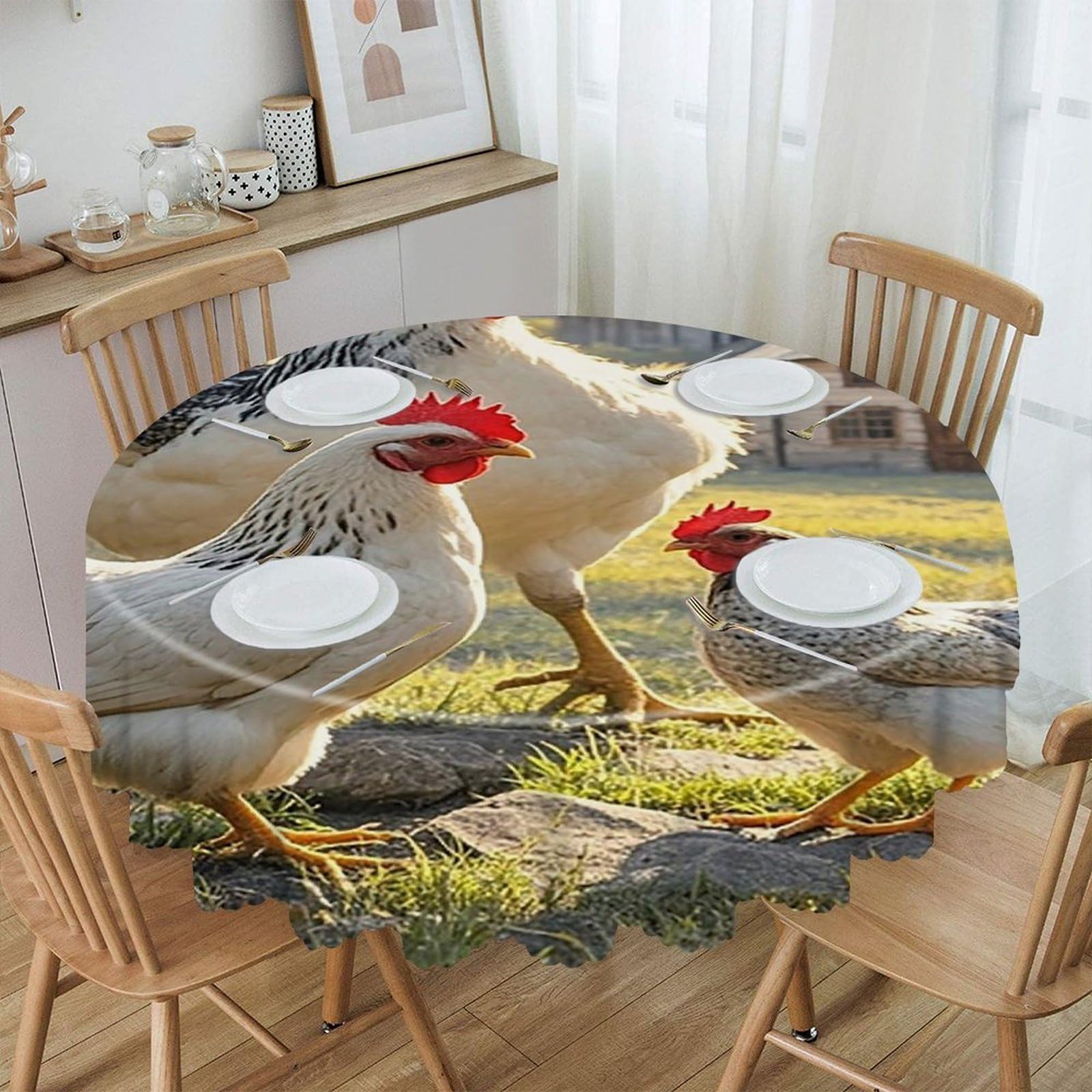 FekiLoot - 60 Inch Round Tablecloth for Chicken and Farm Waterproof Waterproof Polyester Spill Proof Washable Decorative Circle Tablecloth for Outdoor Party