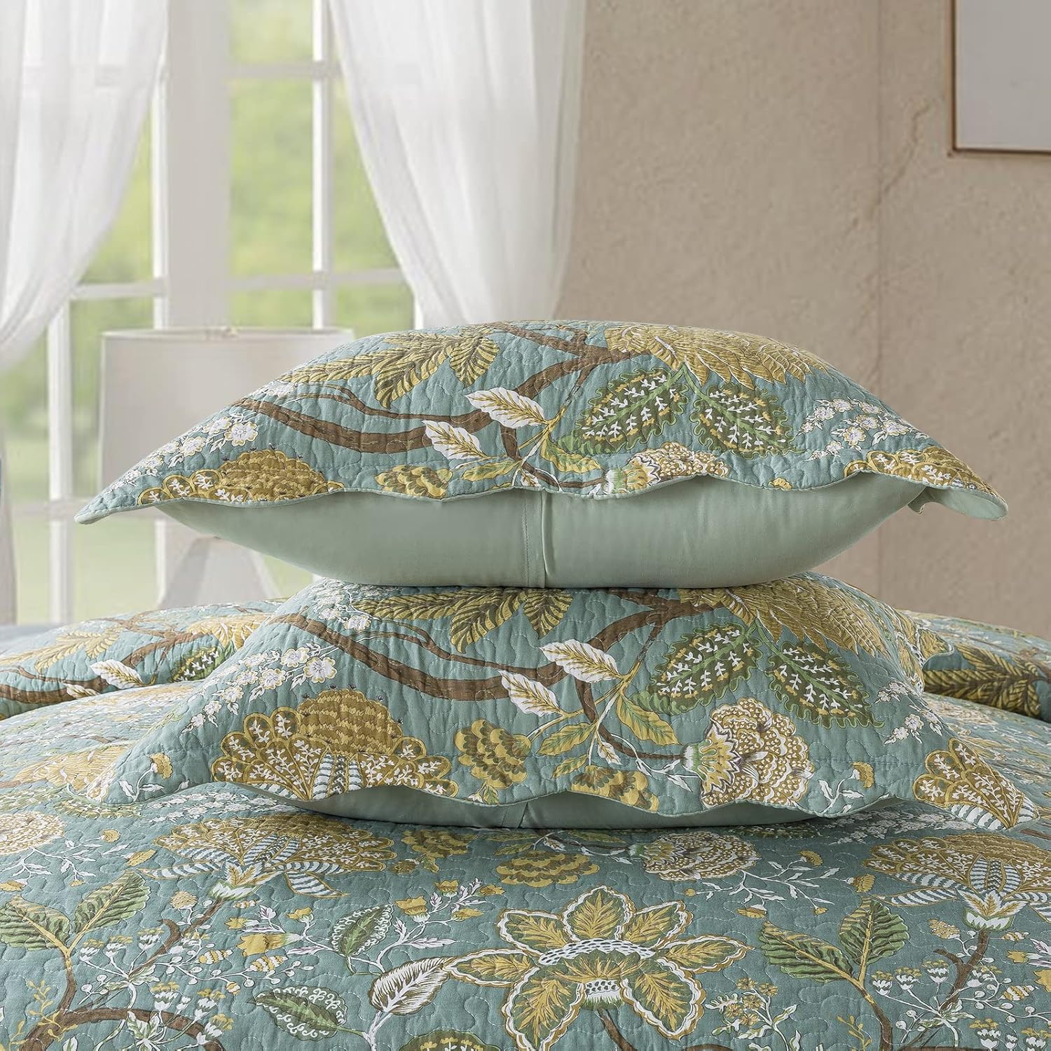 NEWLAKE Cotton Bedspread Quilt Sets-Reversible Patchwork Coverlet Set, Green Floral Pattern, King Size - Image 5