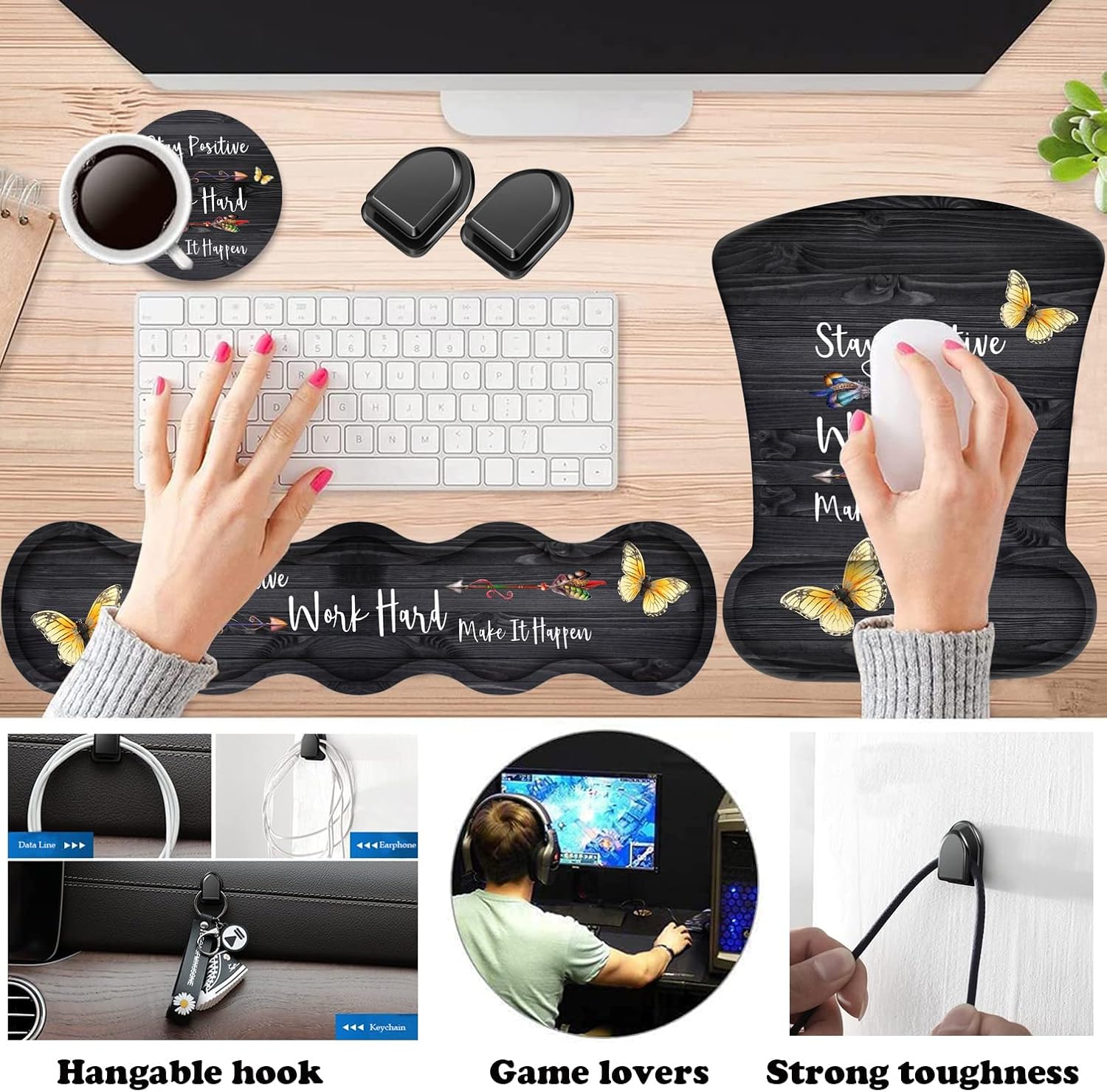 Keyboard Wrist Rest Pad + Wrist Rest Support Mouse Pad + Coaster + Hook Combo Set, Ergonomic Relief Wrist Pain Anti-Slip Mouse Pad for Home and Office, Stay Positive Work Hard and Make It Happen